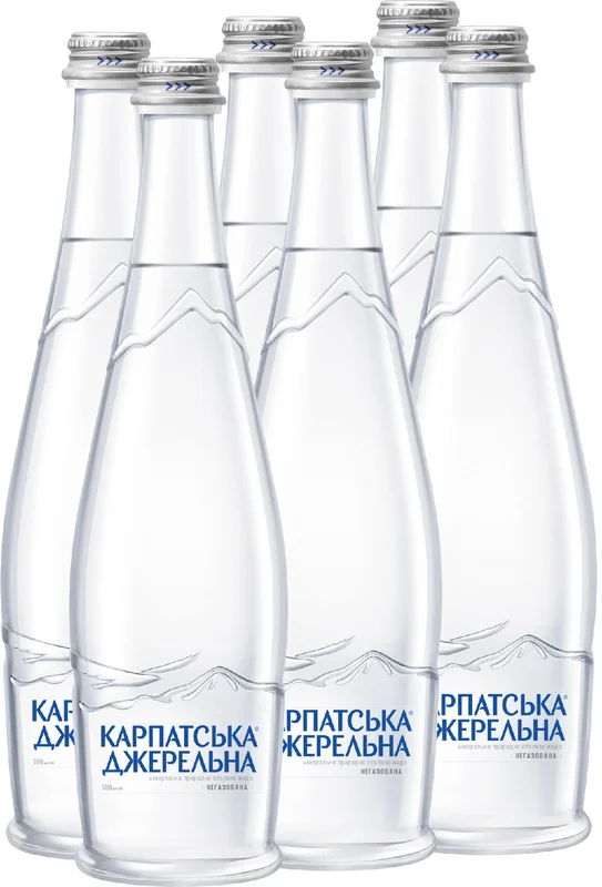 Упаковка мінеральної негазованої води Карпатська Джерельна у склі 0,5 л х 6 пляшок